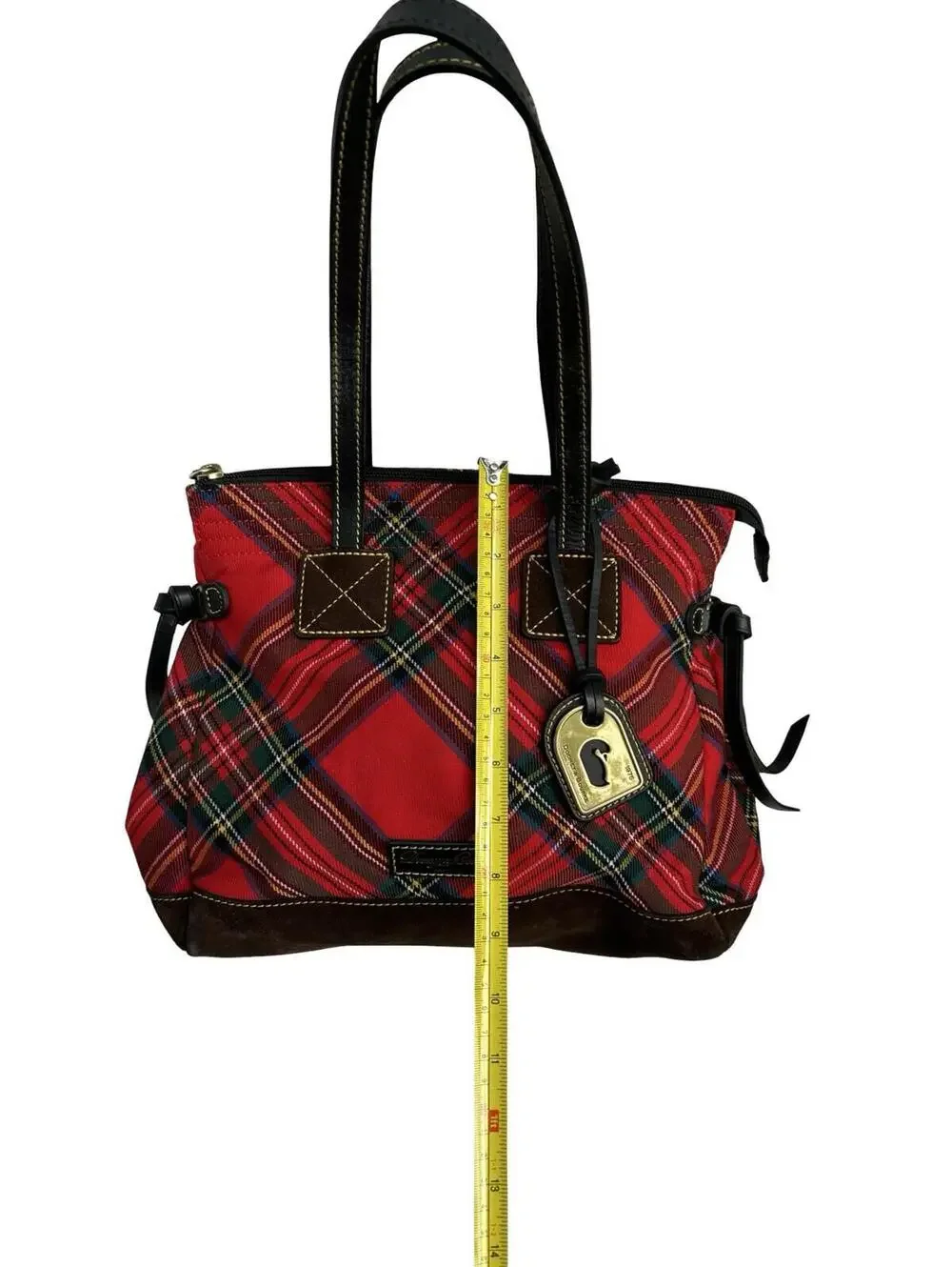 Dooney & Bourke Red Tartan Plaid Tote Bag Leather Trim Brass Duck Charm Large - Picture 8 of 10